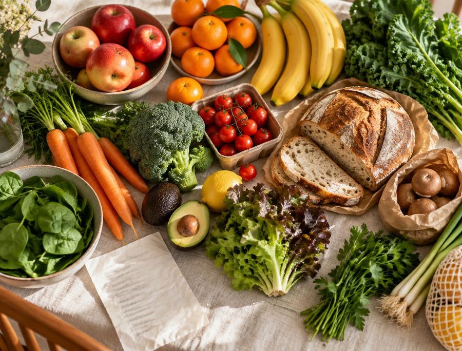 A weekly haul of fresh fruit, vegetables and sourdough bread